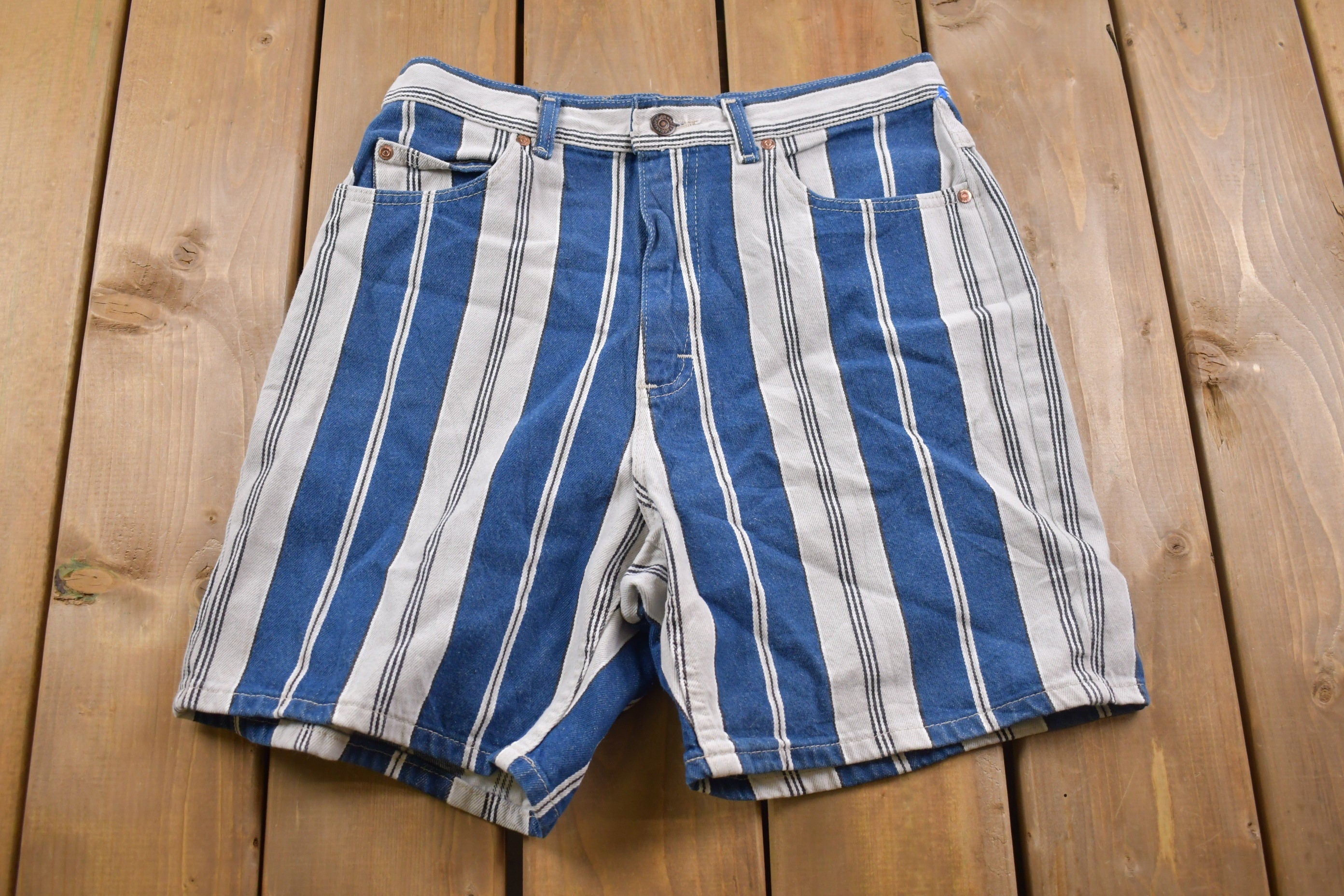 Vintage 1990s Lee Funky Vertical Striped Jean Shorts 30 x 7