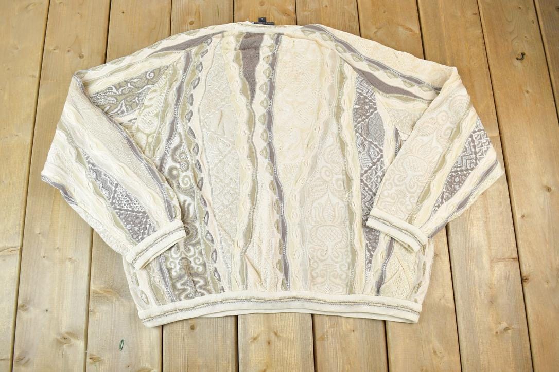 Vintage 1990s Coogi Made In Australia 3D knit 100% Cotton Cream Colour Abstract Pattern Knit Crewneck Sweater