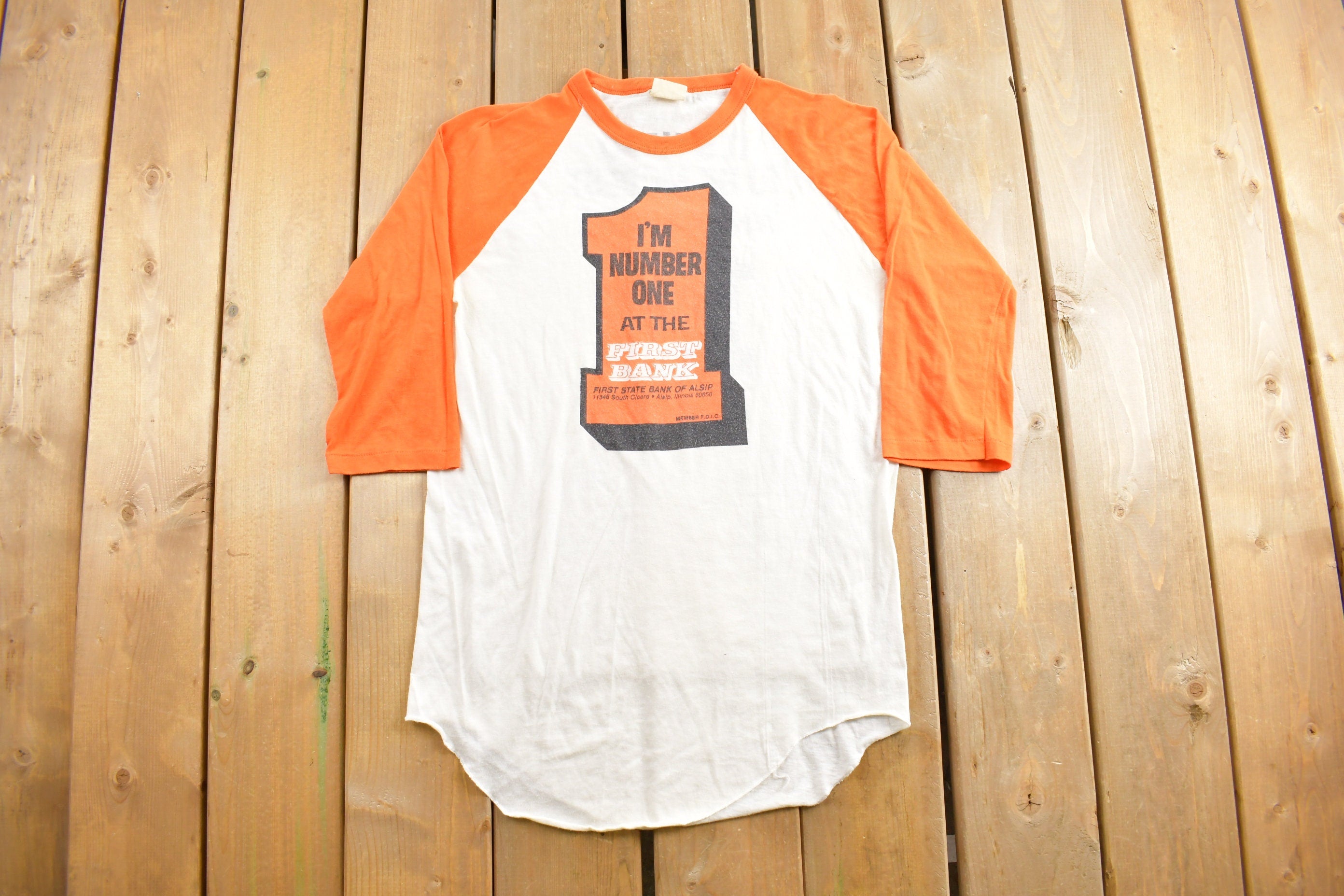 Vintage 1980s First Bank Funny Graphic Raglan T Shirt