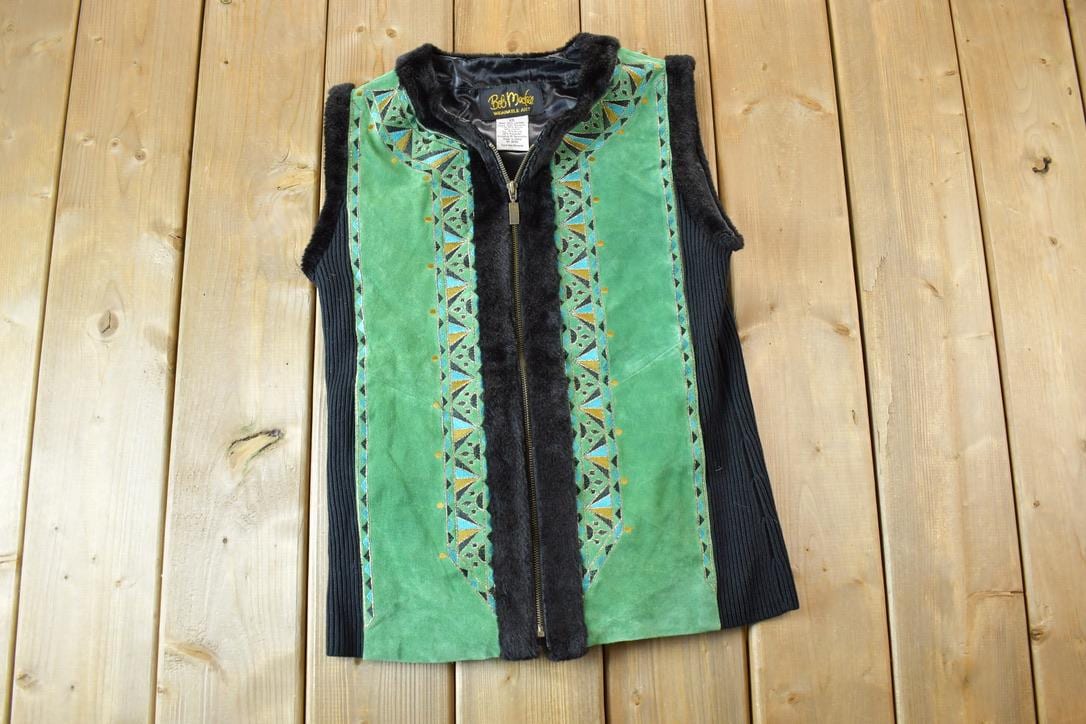 Vintage 1990s Bob Mackie Leather Knit Zip Up Vest