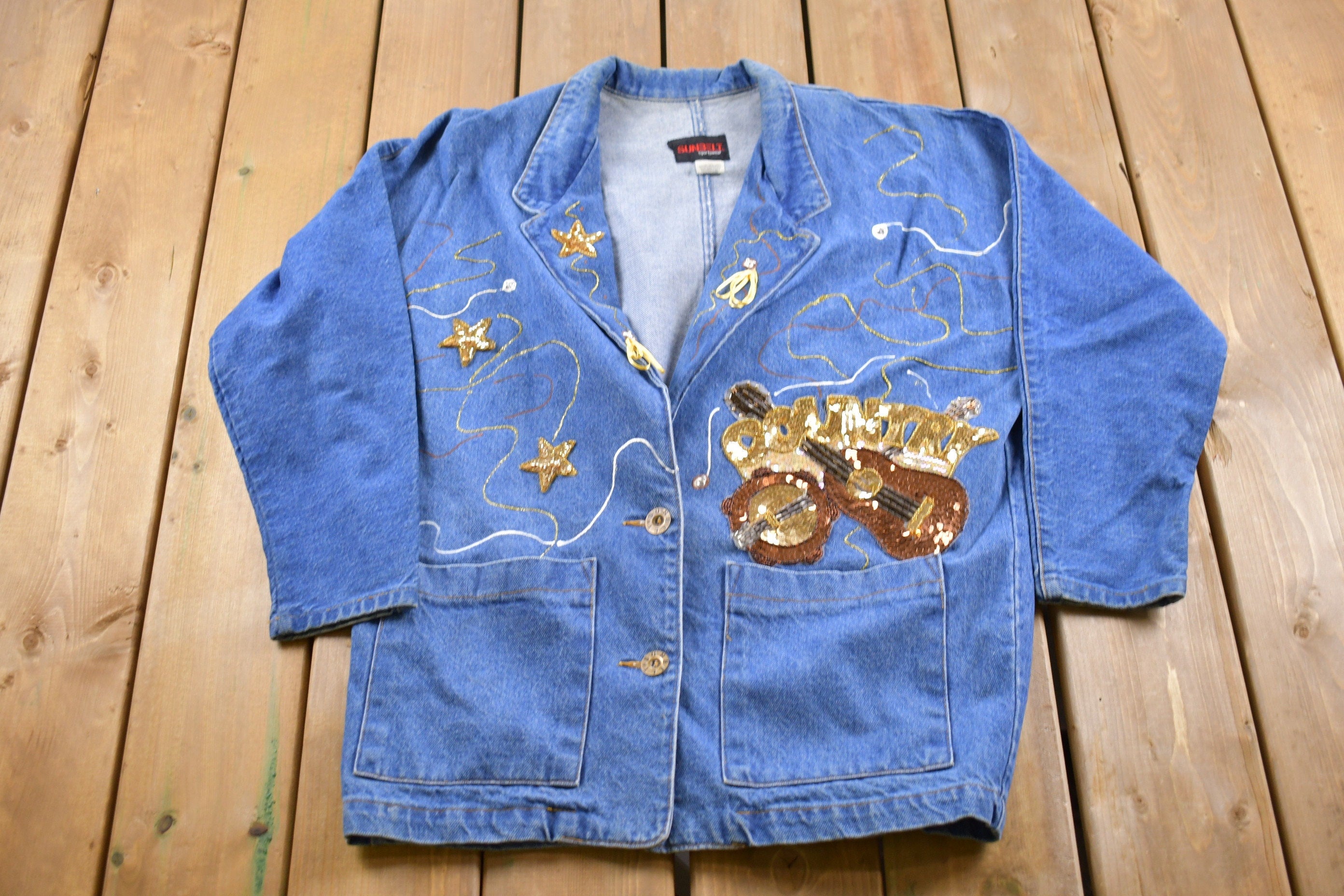 Vintage 1990s Sun Belt Country Guitar Denim Blazer