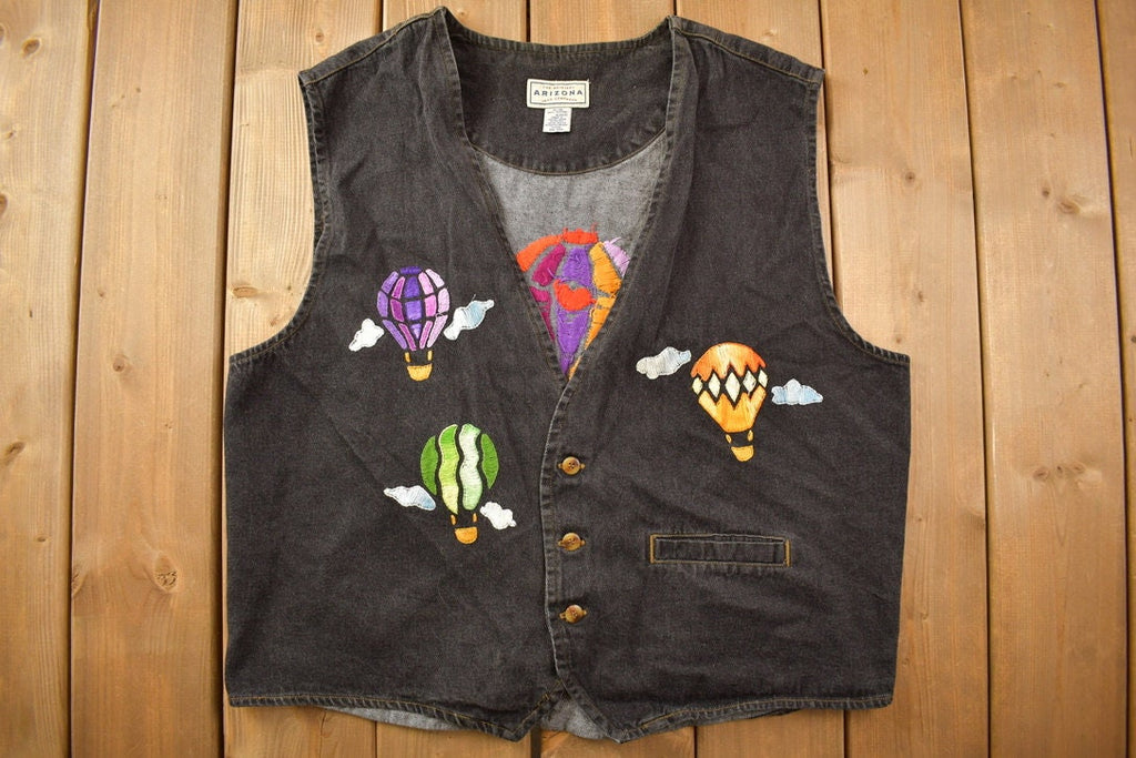Vintage 1990s Arizona Jean Company Hot Air Balloon Embroidered Denim Vest