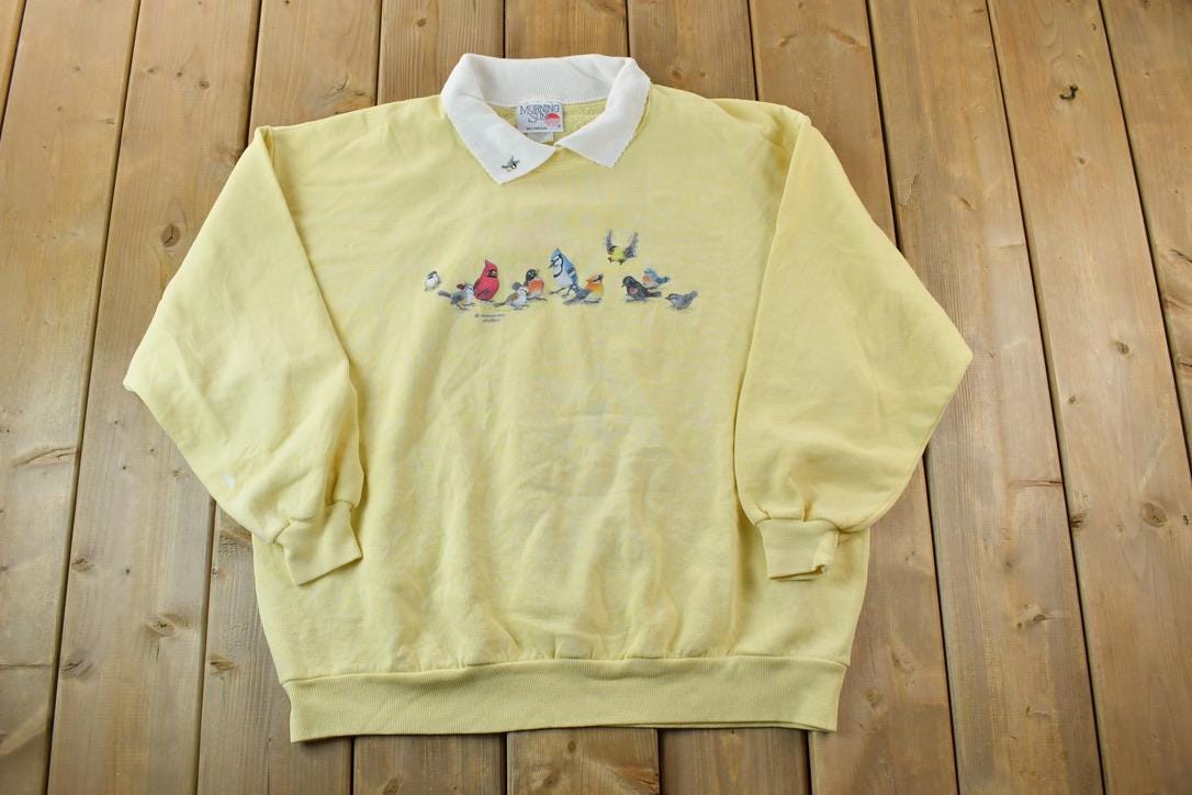 Vintage 1990s Morning Sun Blue Jay Cardinal Collared Outdoorsman Crewneck Sweatshirt