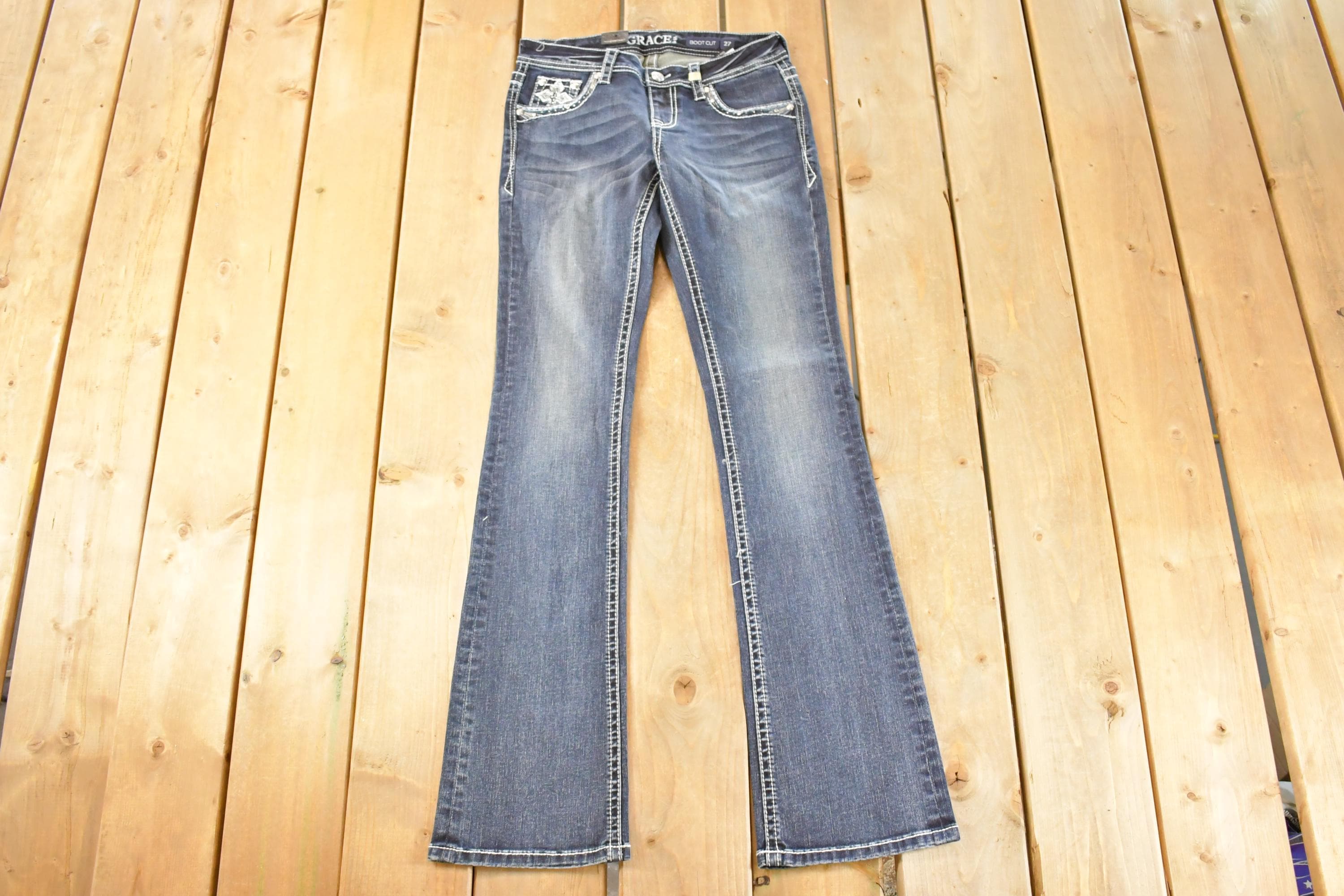 Vintage Deadstock Y2K Grace In LA Bedazzled Bootcut Low Rise Jeans Women's Size 27 x 32