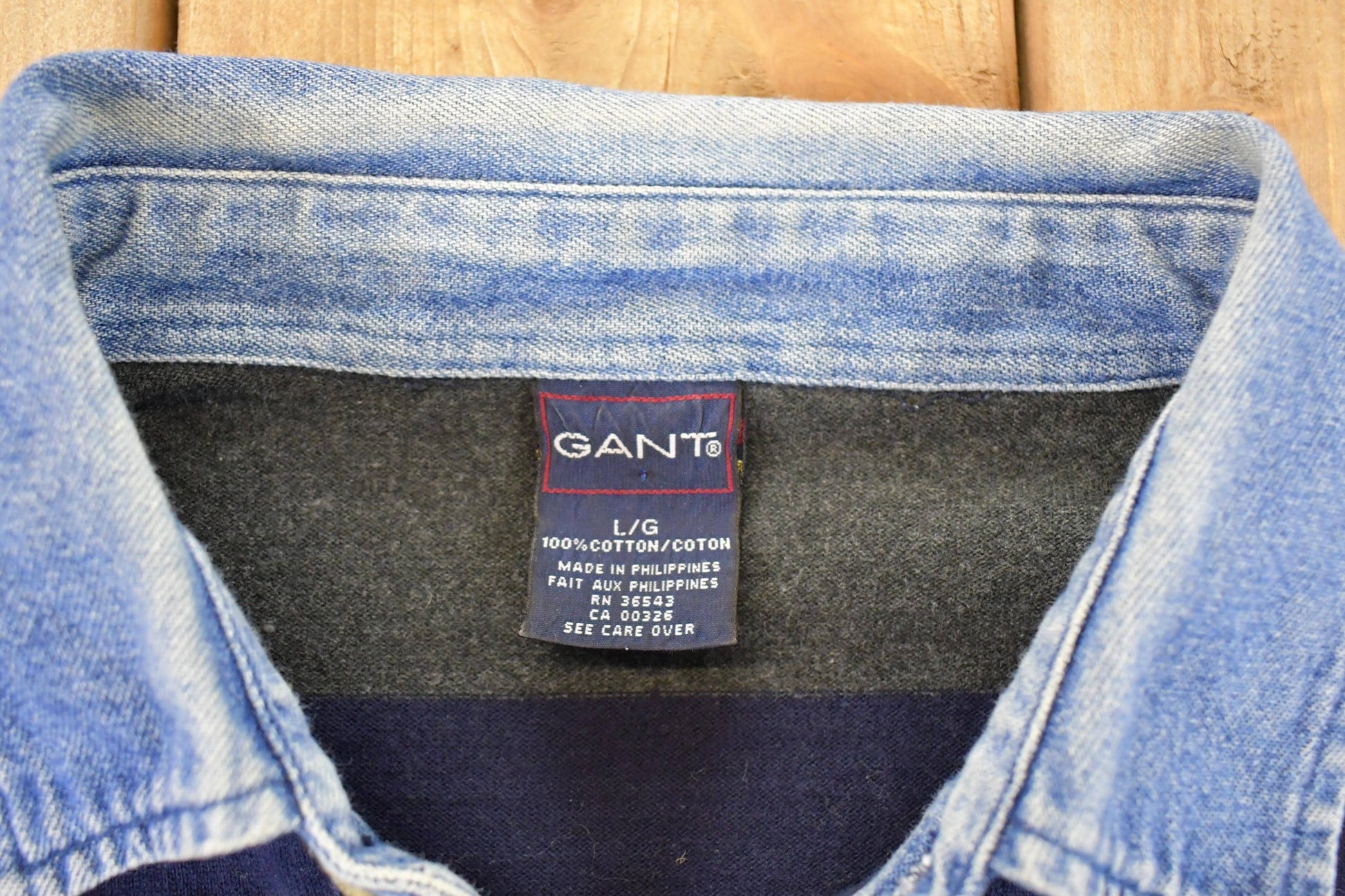 Vintage 1990s Gant Striped Denim Collar Quarter Button Rugby Shirt Men's L