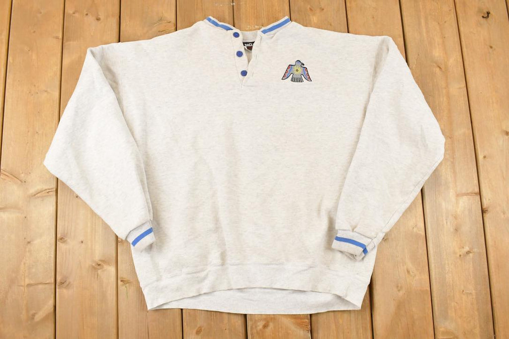 Vintage 1990s Aztec Bird Quarter Button Crewneck Sweatshirt Mens L
