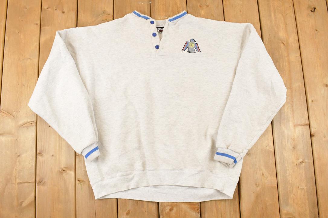 Vintage 1990s Aztec Bird Quarter Button Crewneck Sweatshirt Mens L / Made In USA / 90's Destination Sweater
