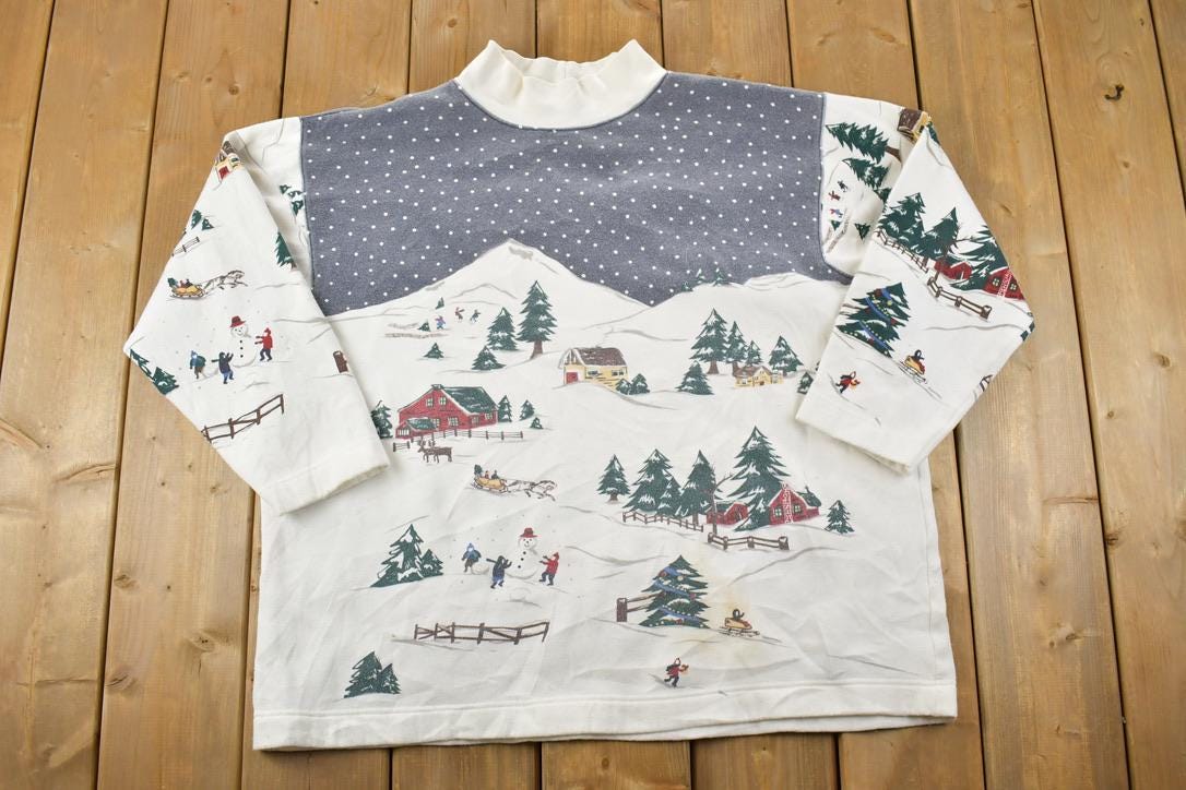 Vintage 1990s Westport LTD Snowy Town All Over Print Crewneck