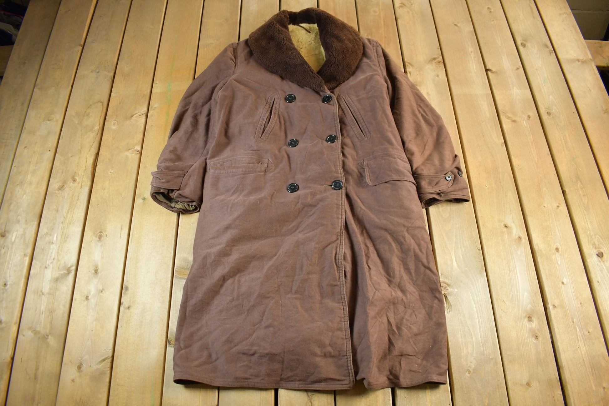 Vintage 1940s U.S. Military Mackinaw WW2 Double Breasted Shearling Long Coat Men's Large