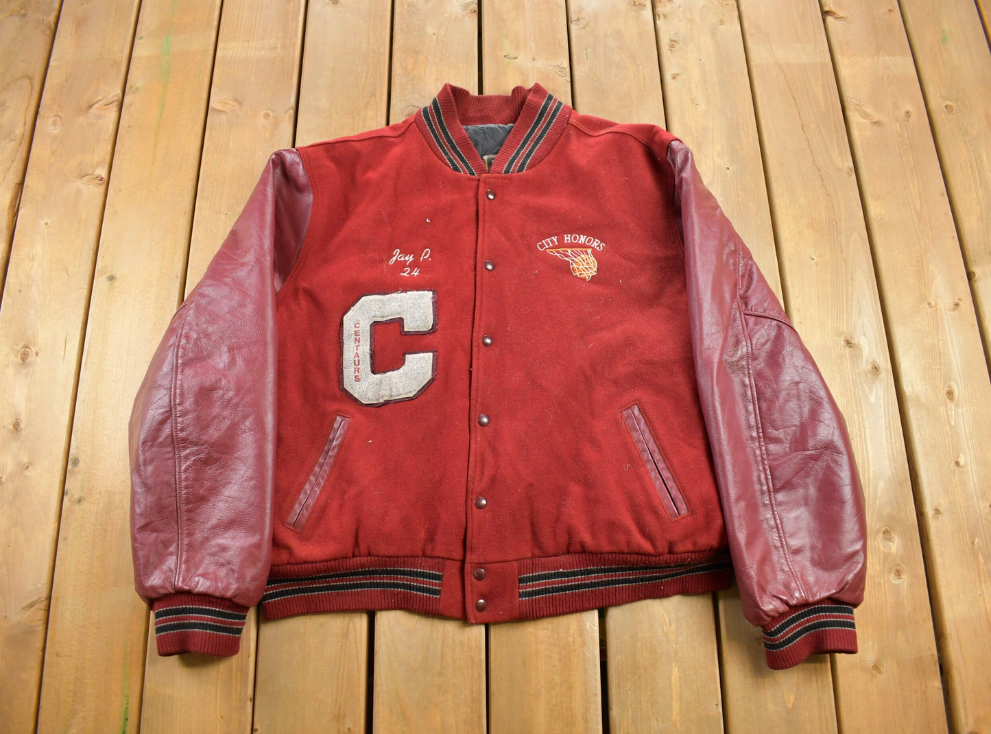 Vintage 1980s City Honors Leather Varsity Jacket / Fall Outerwear / Leather Coat / Winter Outerwear / Streetwear Fashion / Wool / Basketball