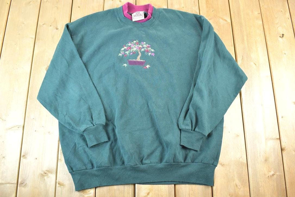 Vintage 1990s Top Stitch By Morning Sun Cute Floral Double Collar Crew Neck Sweater Made In USA 90s Crewneck