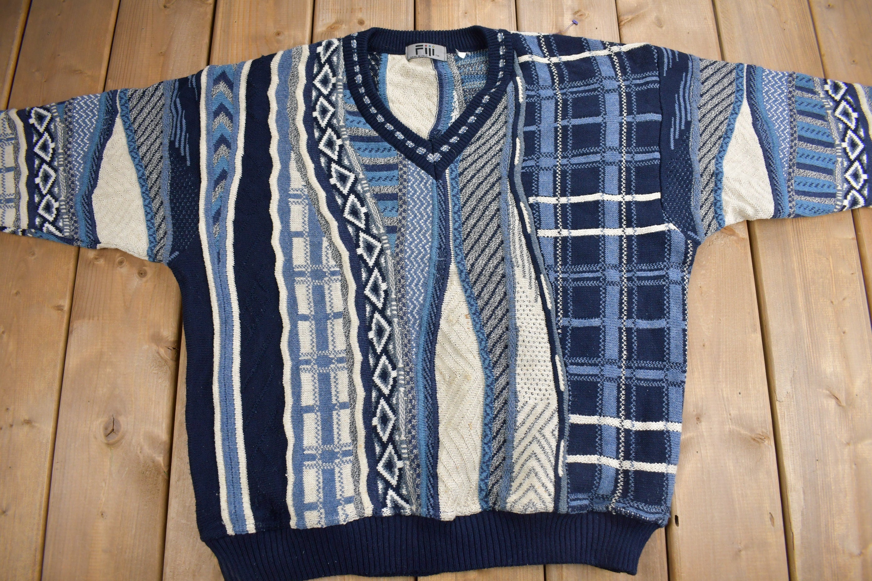 Vintage 1990s Fiii 3D Colored Cable Knit V-Neck Sweater