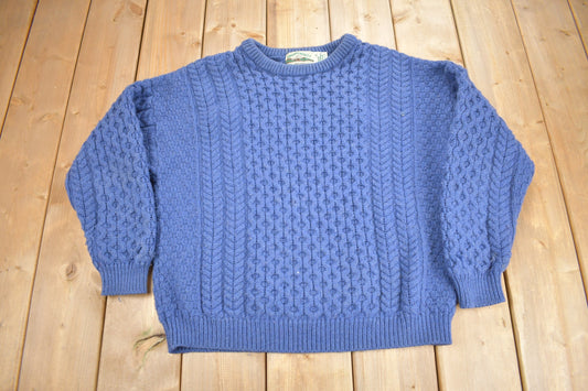 Vintage 1980s Aran Crafts 100% Merino Wool 3D Cable Knit Sweater / Made In Ireland / Blue Wool Sweater