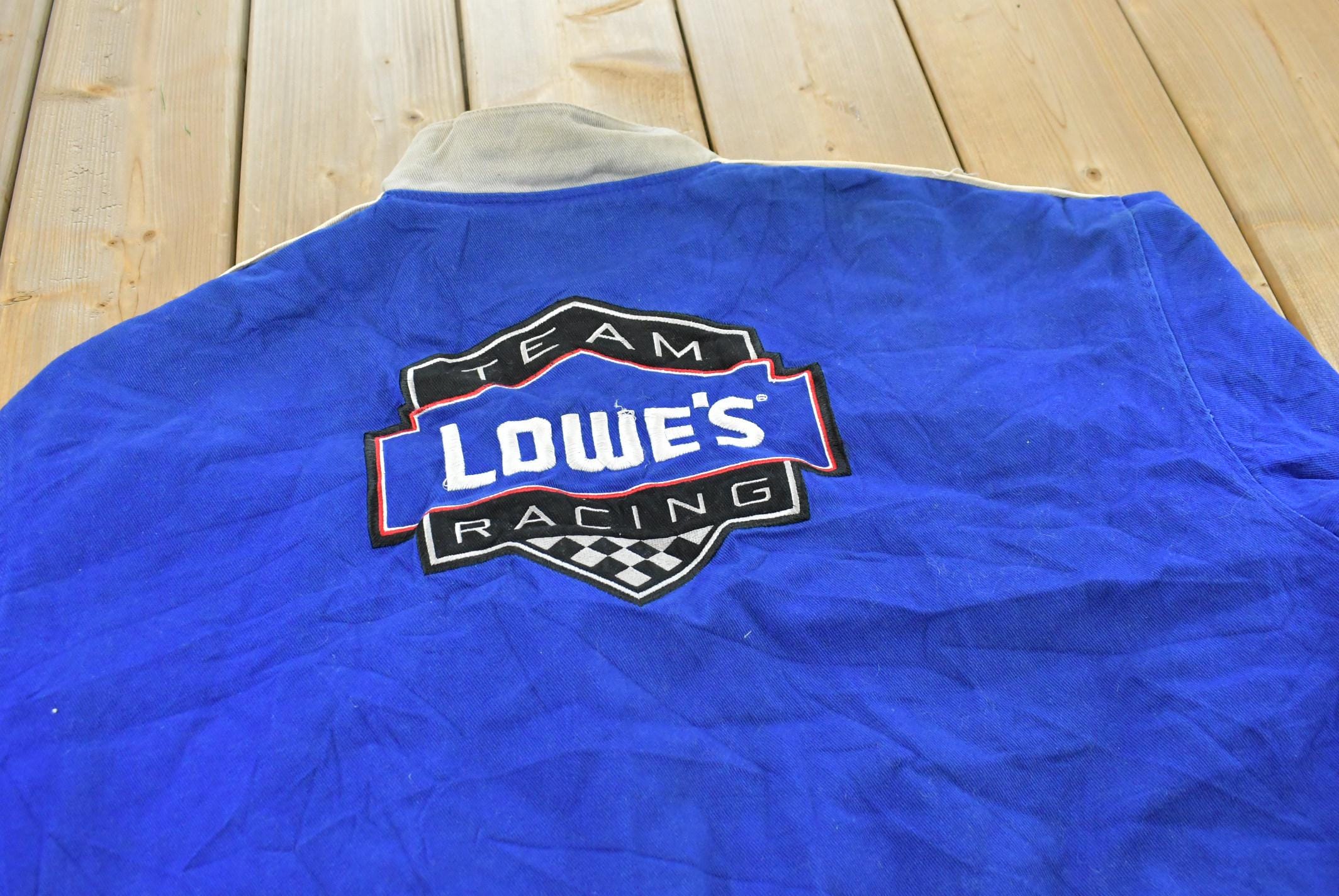 Vintage 1990s NASCAR Jimmie Johnson Lowes Racing Jacket Mens XL / 90s Streetwear Fashion / Embroidered / Patchwork / Color Block