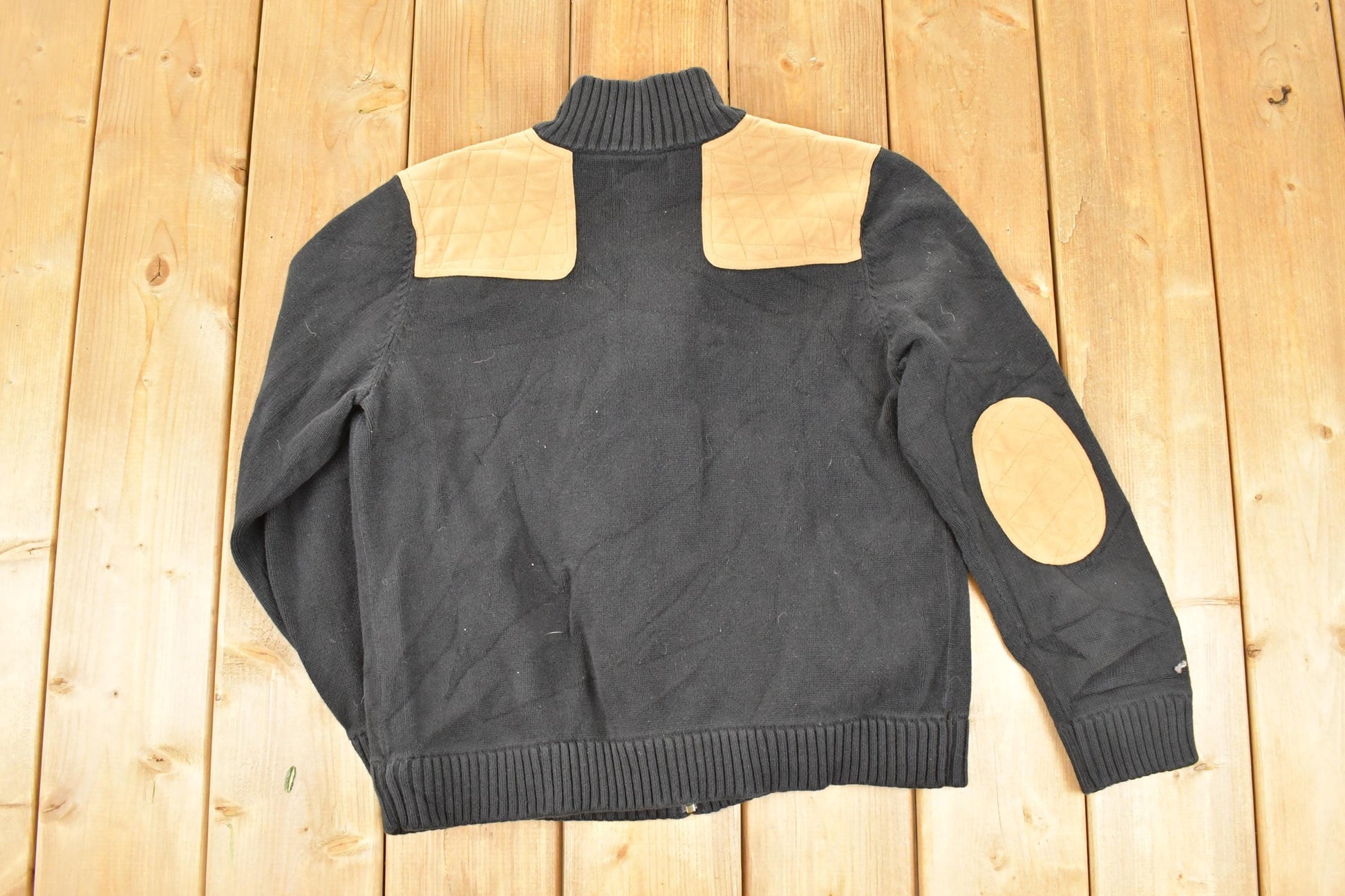 Vintage 1990s Lauren Ralph Lauren Cable Knit Suede Patchwork Full Zip Cardigan Sweater Women's L