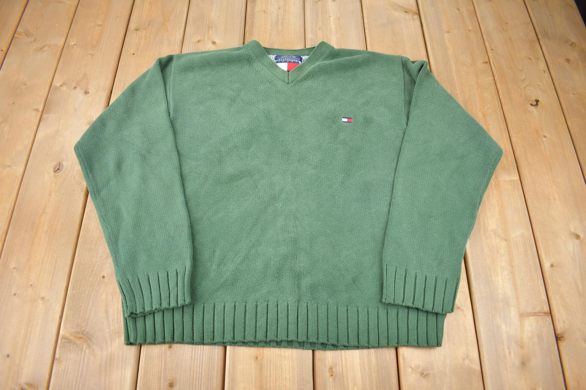 Vintage 1990s Tommy Hilfiger Embroidered Knit V-Neck Sweater