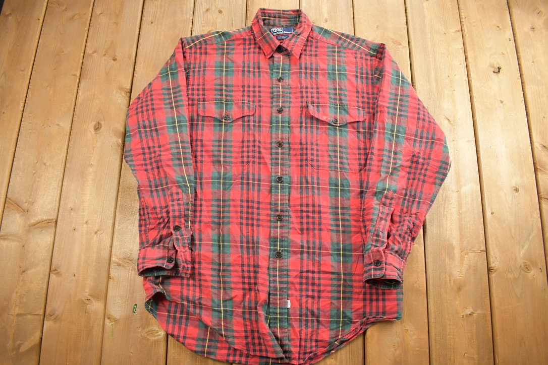 Vintage 1990s Red Plaid Flannel Polo By Ralph Lauren Button Up Shirt
