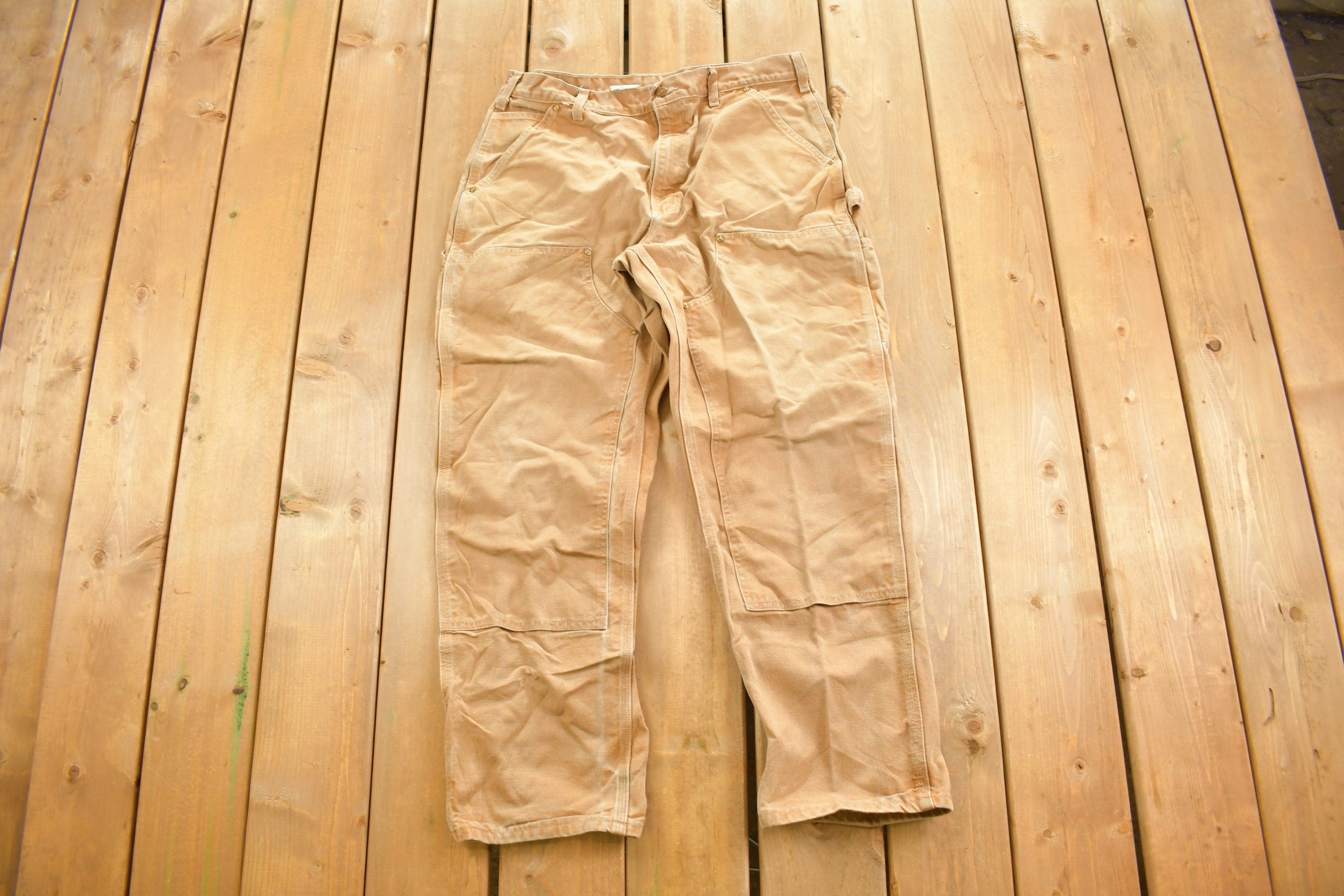 Vintage 1990s Carhartt Beige Double Knee Work Pants Size 35 x 29