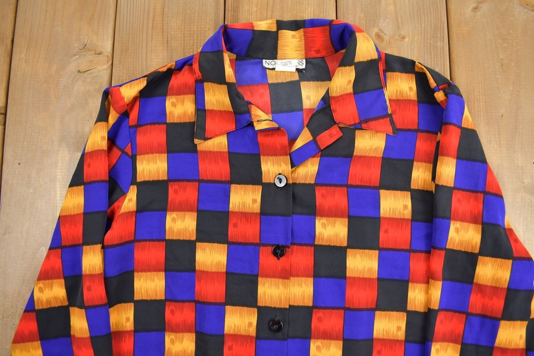 Vintage 1990s Notations Petite Colorful Checkerboard Print Button Up Shirt