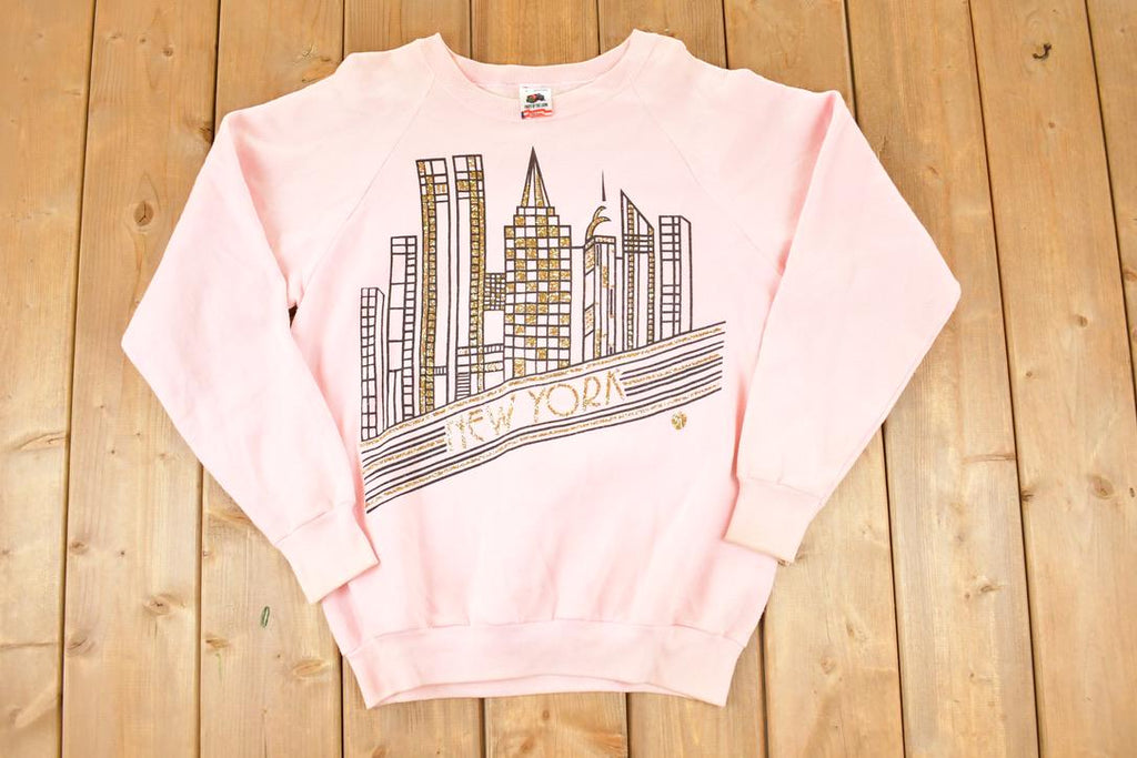 Vintage 1990s New York Skyline Golden Sparkle Crewneck Sweatshirt Women's L