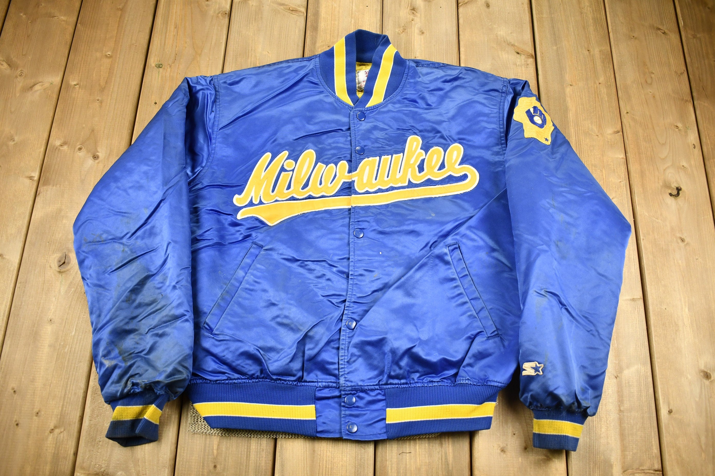 Vintage 1990s Milwaukee Brewers MLB Starter Diamond Collection Satin Bomber Jacket
