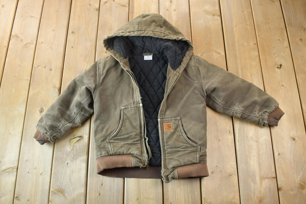 Vintage 1990s Youth Distressed Carhartt Blanket Lined Full Zip Heavy Canvas Hoodie Jacket Made In USA