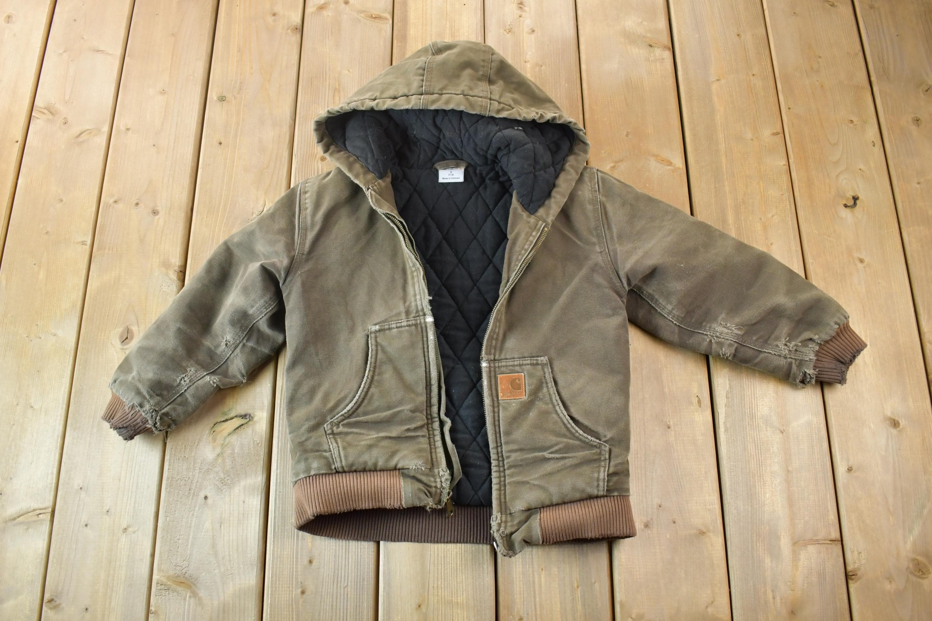Vintage 1990s Youth Distressed Carhartt Blanket Lined Full Zip Heavy Canvas Hoodie Jacket Made In USA