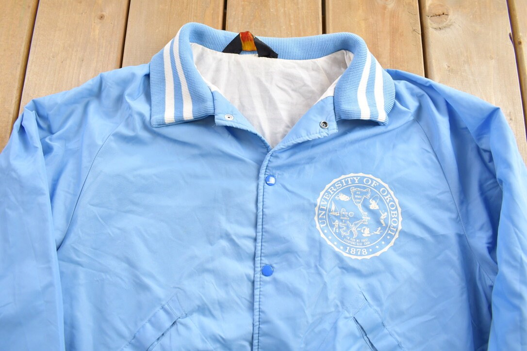 Vintage 1970s University Of Okoboji Satin Bomber Jacket Streetwear Souvenir Jacket