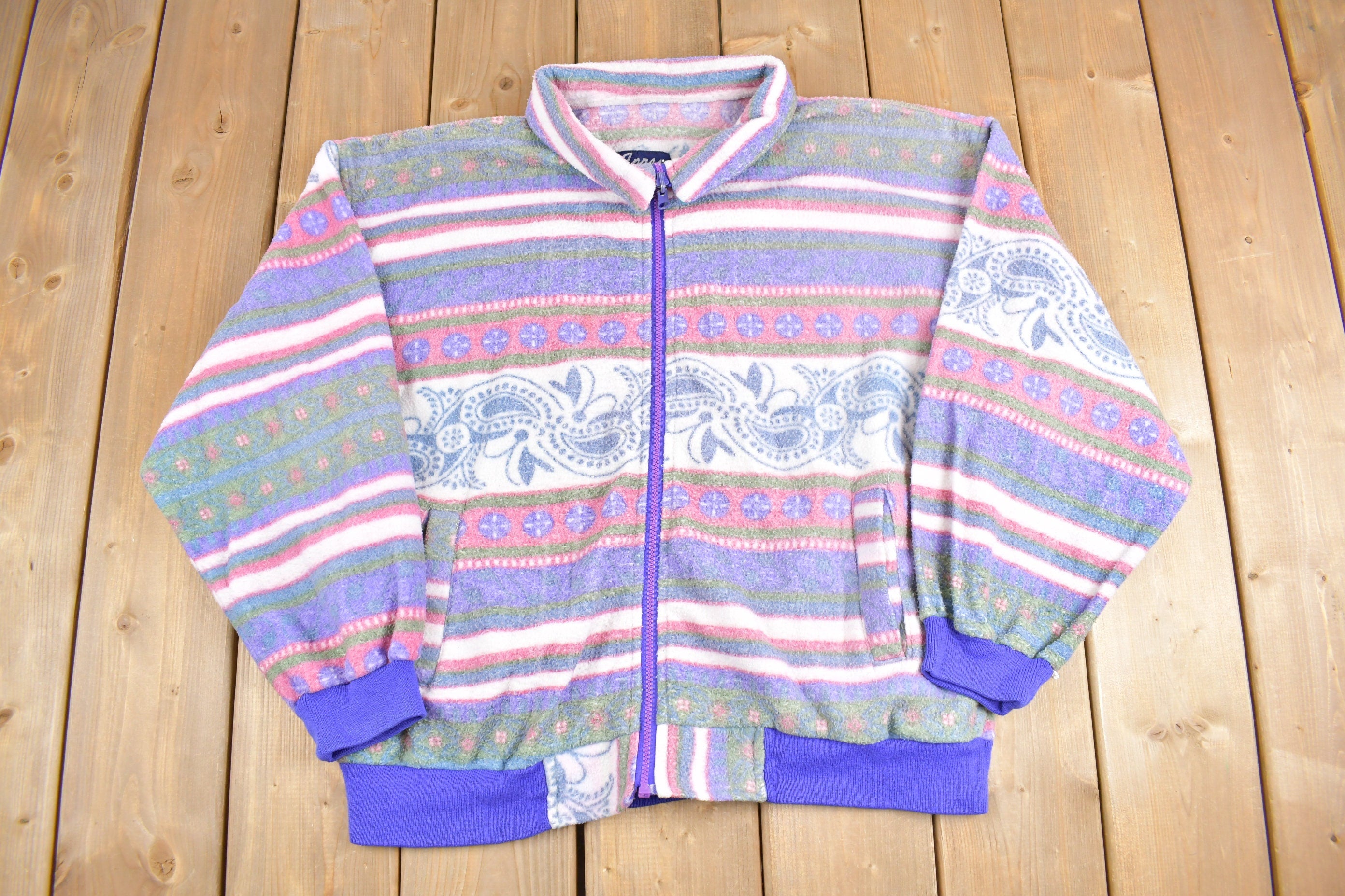 Vintage 1990s Apres Sport Paisley Patterned Fleece Zip Up Sweater
