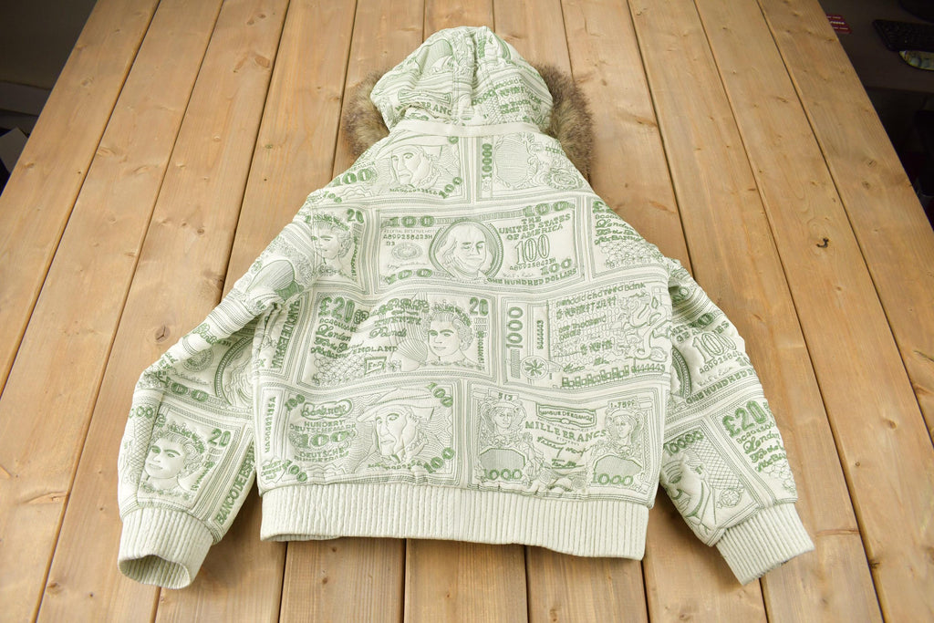 Vintage 1990s Tanners Avenue Leather Mosaic Bank Note 100 Dollar Bills Embroidered Bomber Jacket