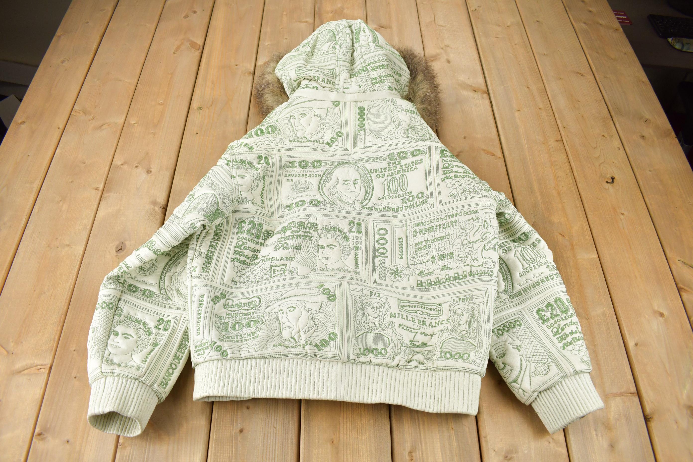 Vintage 1990s Tanners Avenue Leather Mosaic Bank Note 100 Dollar Bills Embroidered Bomber Jacket