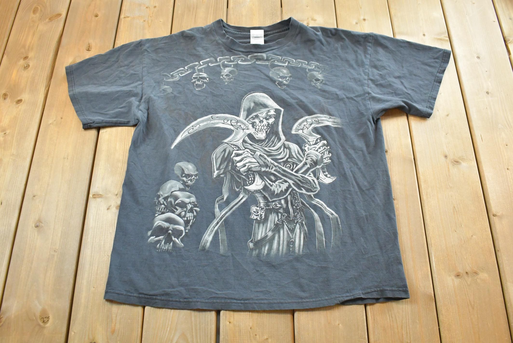 Vintage Y2K Skulls Grim Reaper Thermal Knit Long Sleeve Shirt Men's XL
