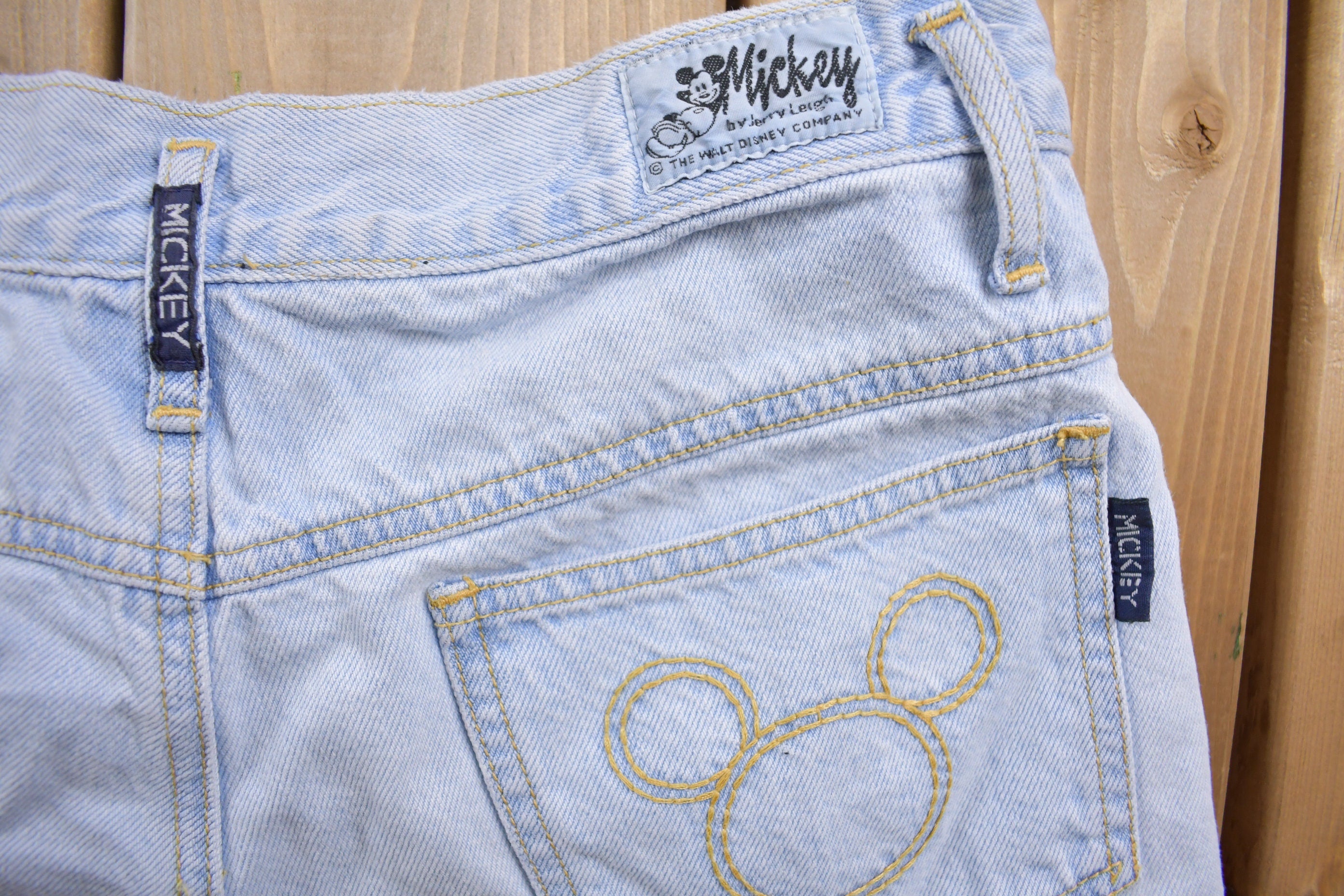Vintage 1990s Disney Cute Mickey and Minnie Mouse Denim Jean Shorts Size 38  90s Shorts  Mickey Mouse  Bottoms  Light Wash Jorts