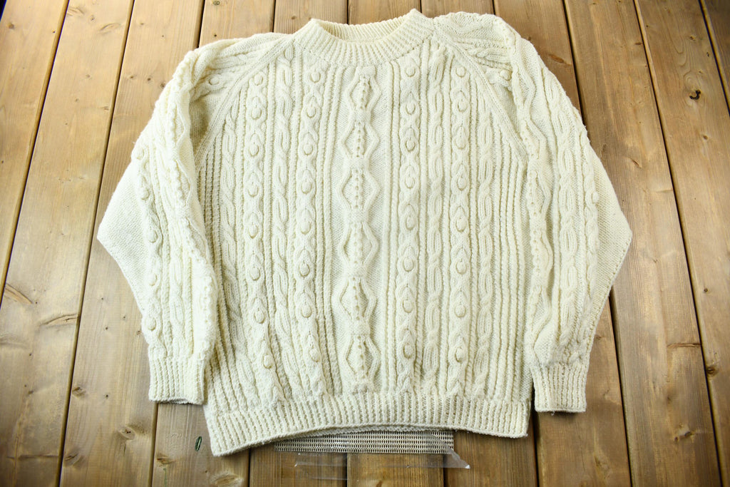 Vintage 1970s Hand Knit Cable Knit Crewneck Sweater