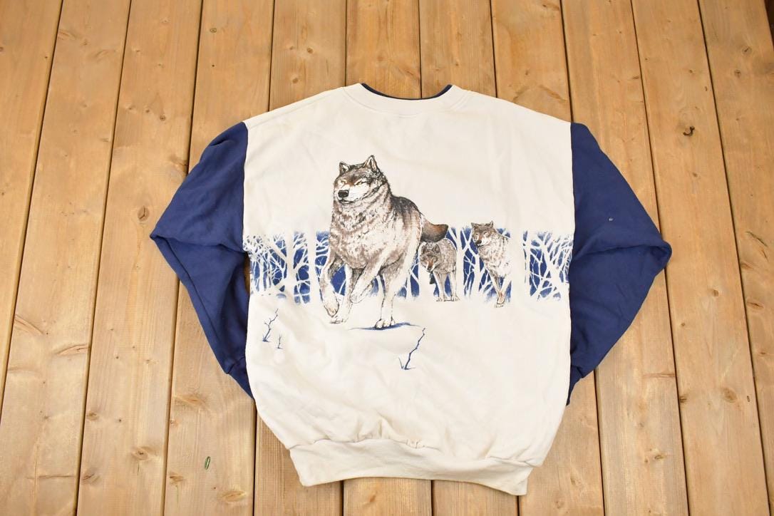 Vintage 1990s Artisans Large Wolf Graphic Print Button Up AOP Crewneck Sweatshirt Mens L / Made In USA / 90's Destination Sweater