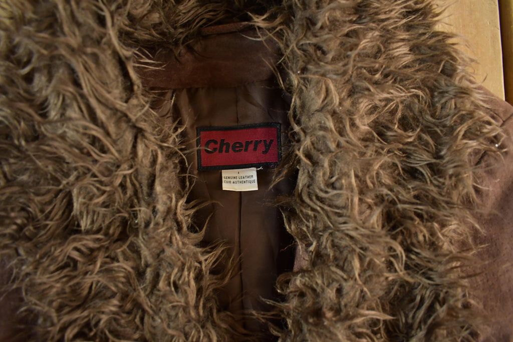 Vintage 1990s Cherry Leather Fur Trim Penny Lane Coat Women's Small