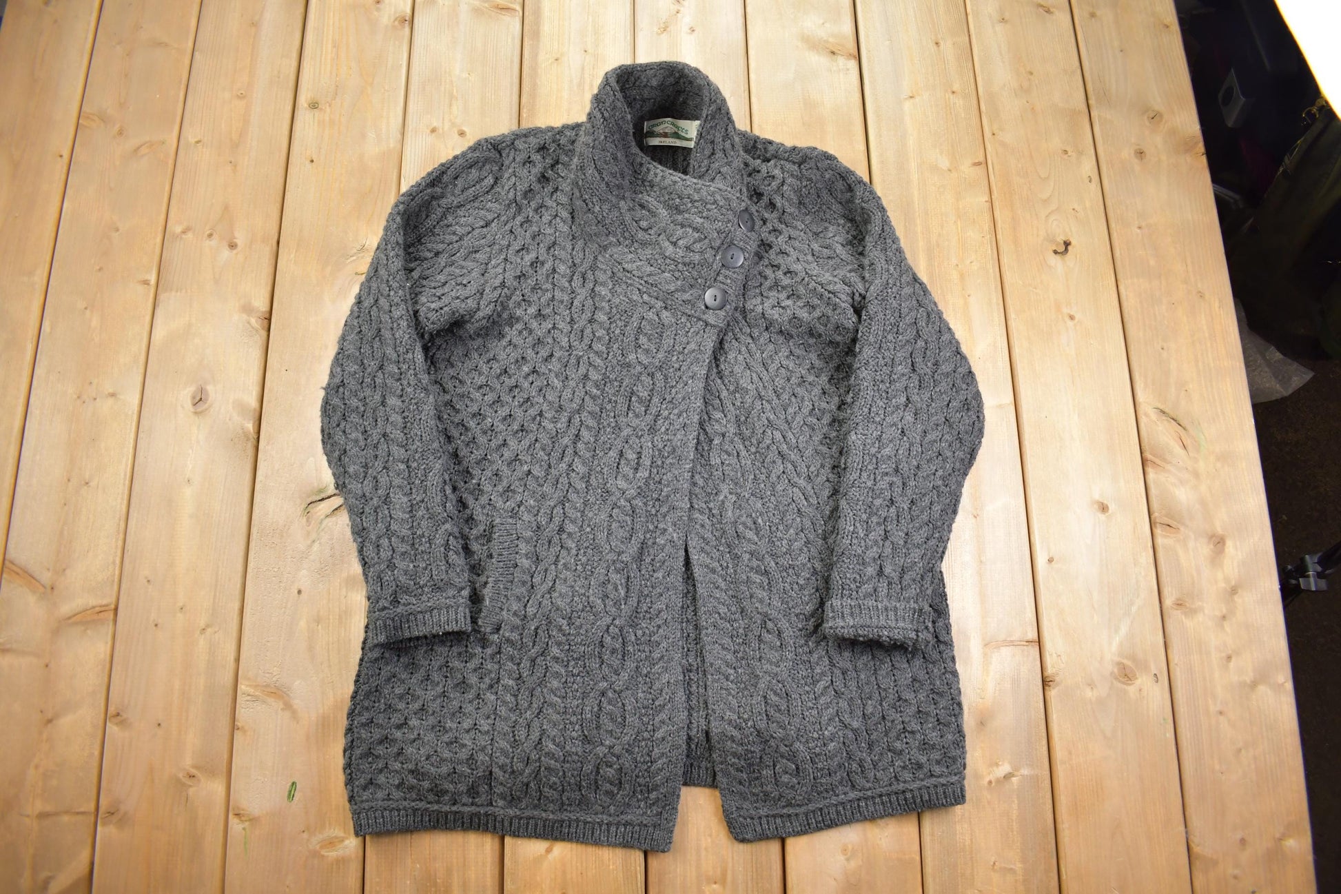 Vintage 1990s Aran Crafts 100% Wool Cable Knit Shawl Collar Long Cardigan Sweater - Made in Ireland