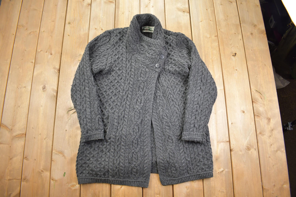 Vintage 1990s Aran Crafts 100% Wool Cable Knit Shawl Collar Long Cardigan Sweater - Made in Ireland