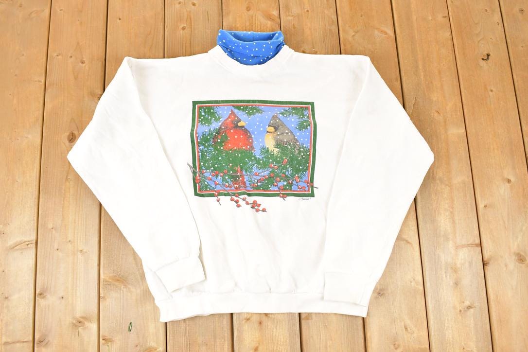 Vintage 1990s Artisans Winter Birds Turtleneck Sweatshirt Men's L