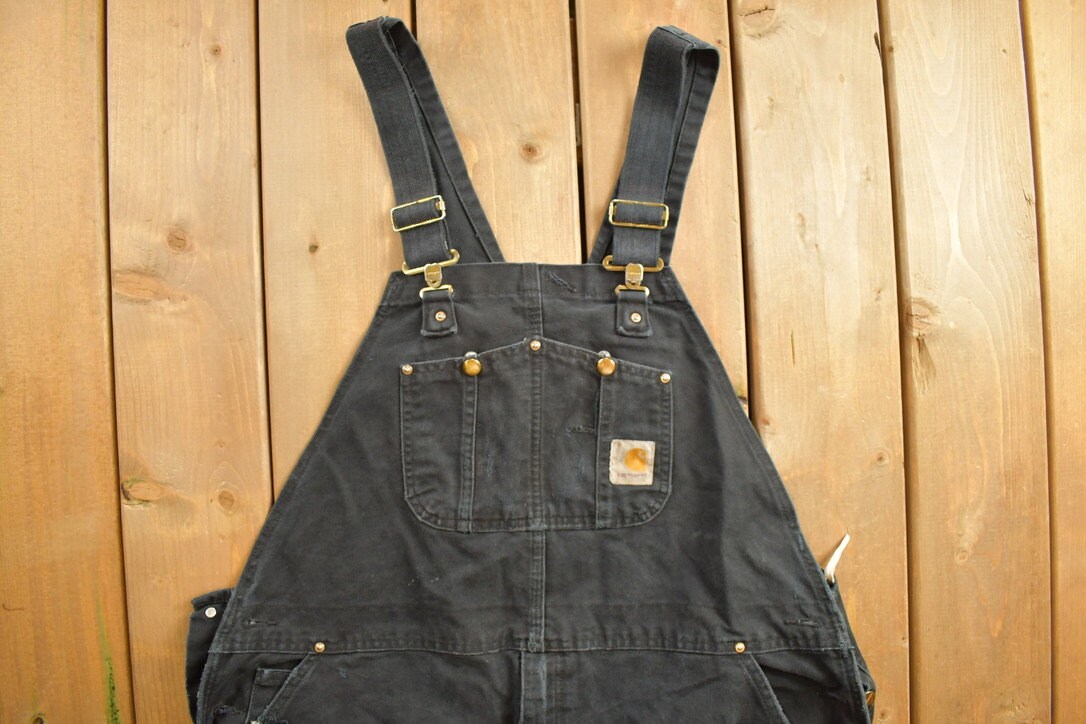 Vintage 1990s Carhartt Black Canvas Double Knee Overalls Size 44 x 32