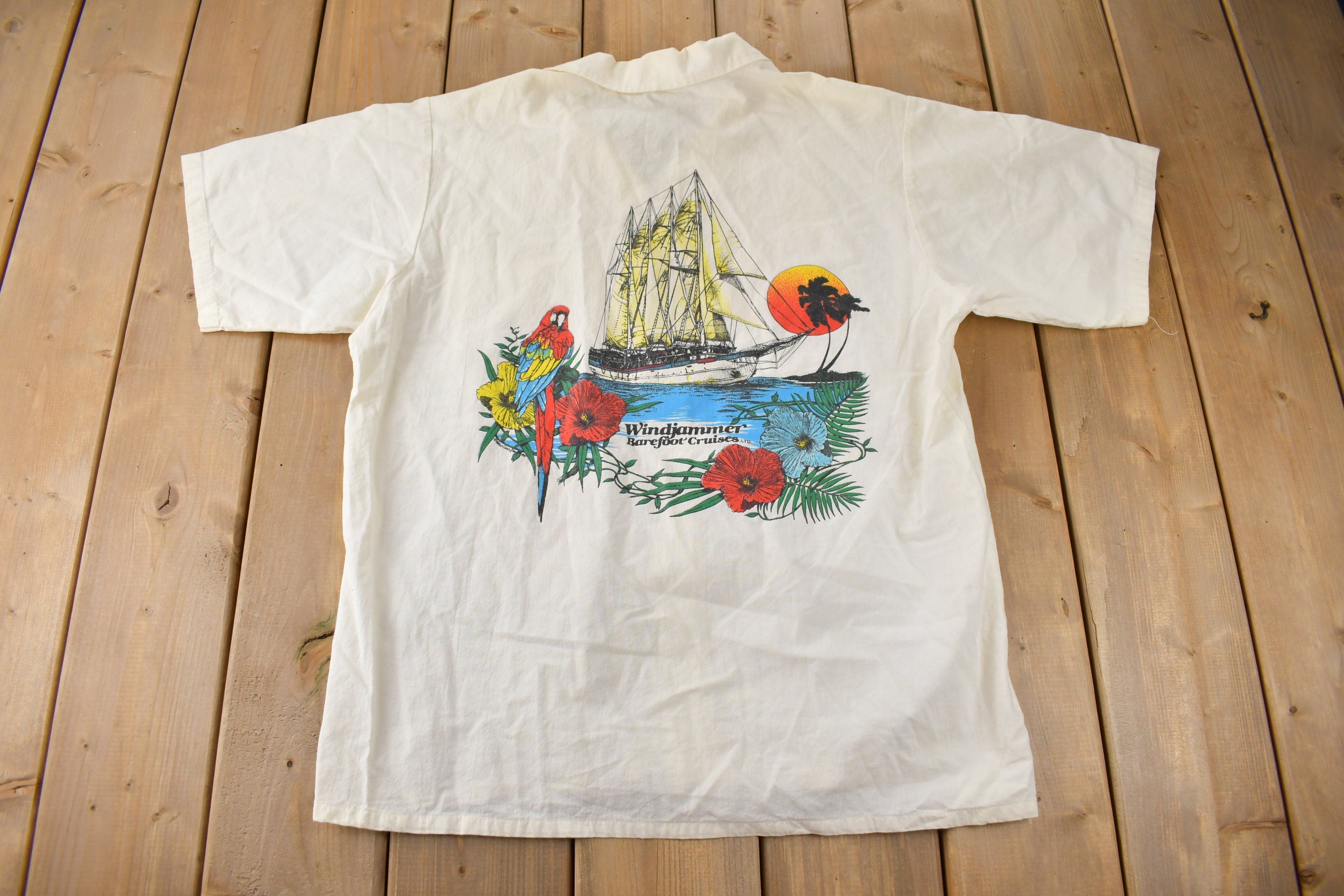 Vintage 1980s Windjammer Barefoot Cruises Button Up Vacation Shirt Made in USA