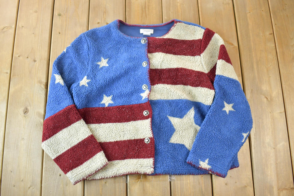 Vintage 1990s Christopher And Banks Fleece Button Up American Flag All Over Print Sweater