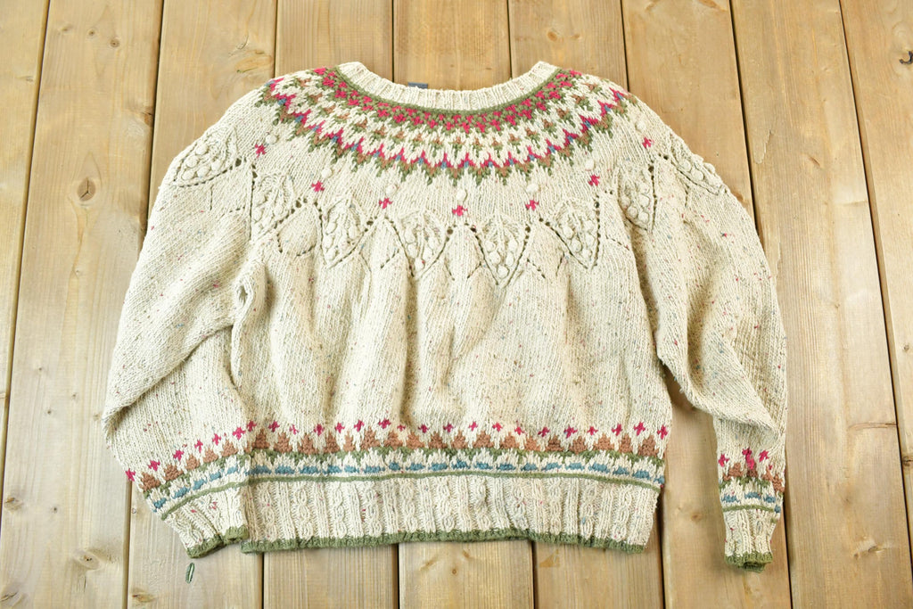Vintage 1990s Liz Wear Petite Knitted By Hand Abstract Pattern Crewneck Sweater Womens M