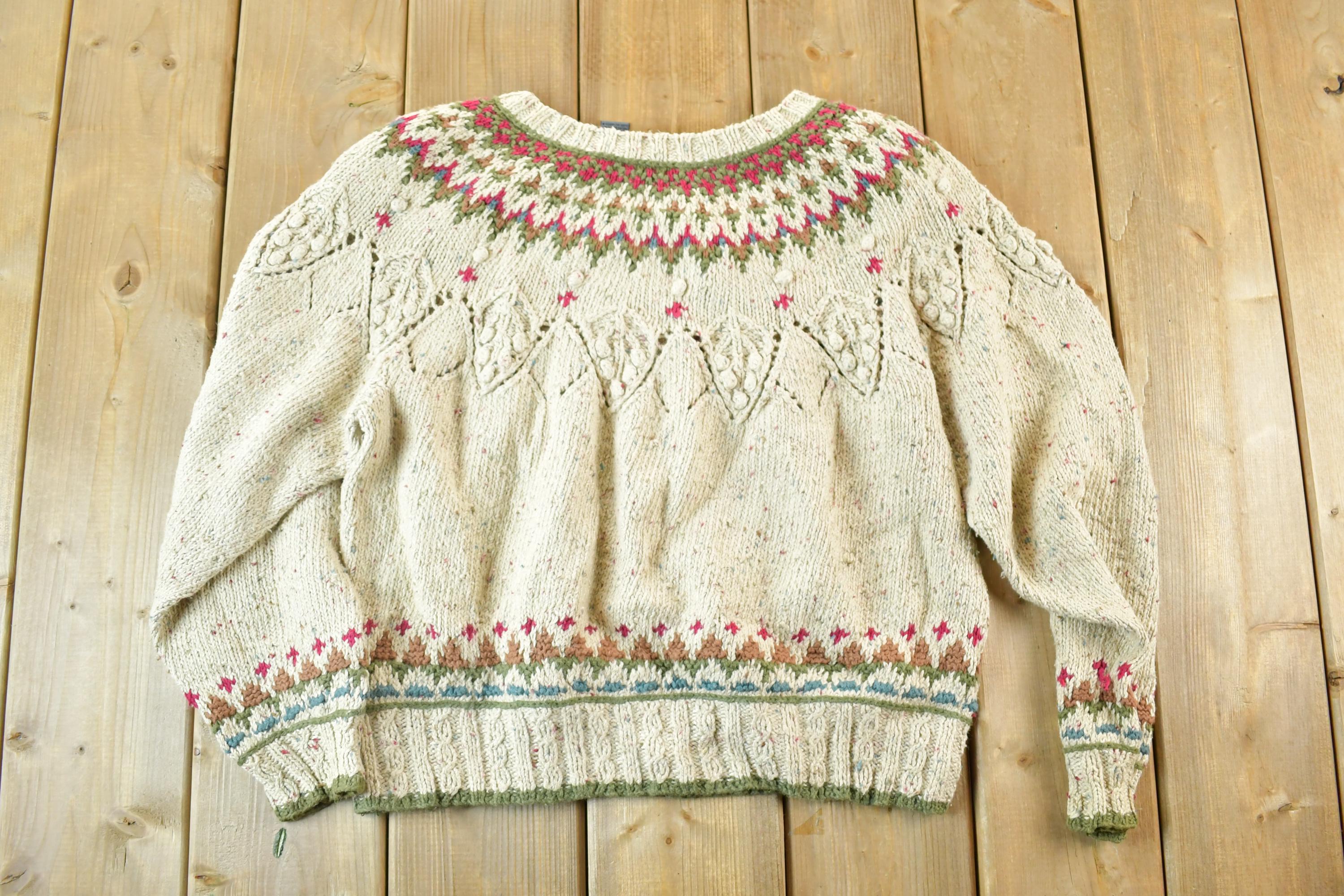 Vintage 1990s Liz Wear Petite Knitted By Hand Abstract Pattern Crewneck Sweater Womens M