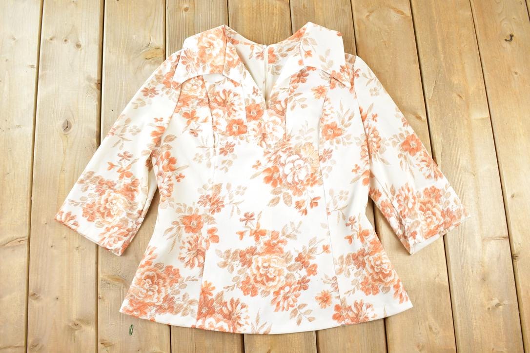 Vintage 1960s Floral Print Button Up Shirt Women's M