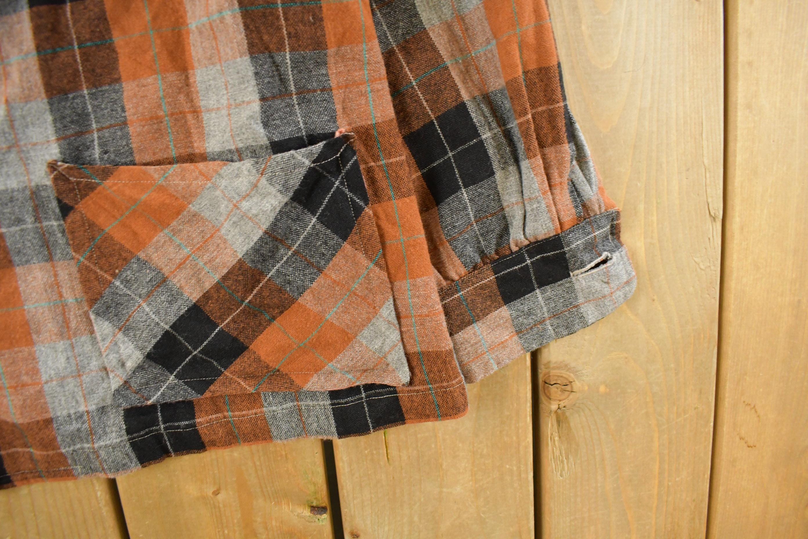 Vintage 1970s Flannel Wool Plaid Button Up Blazer Shirt Women's Large