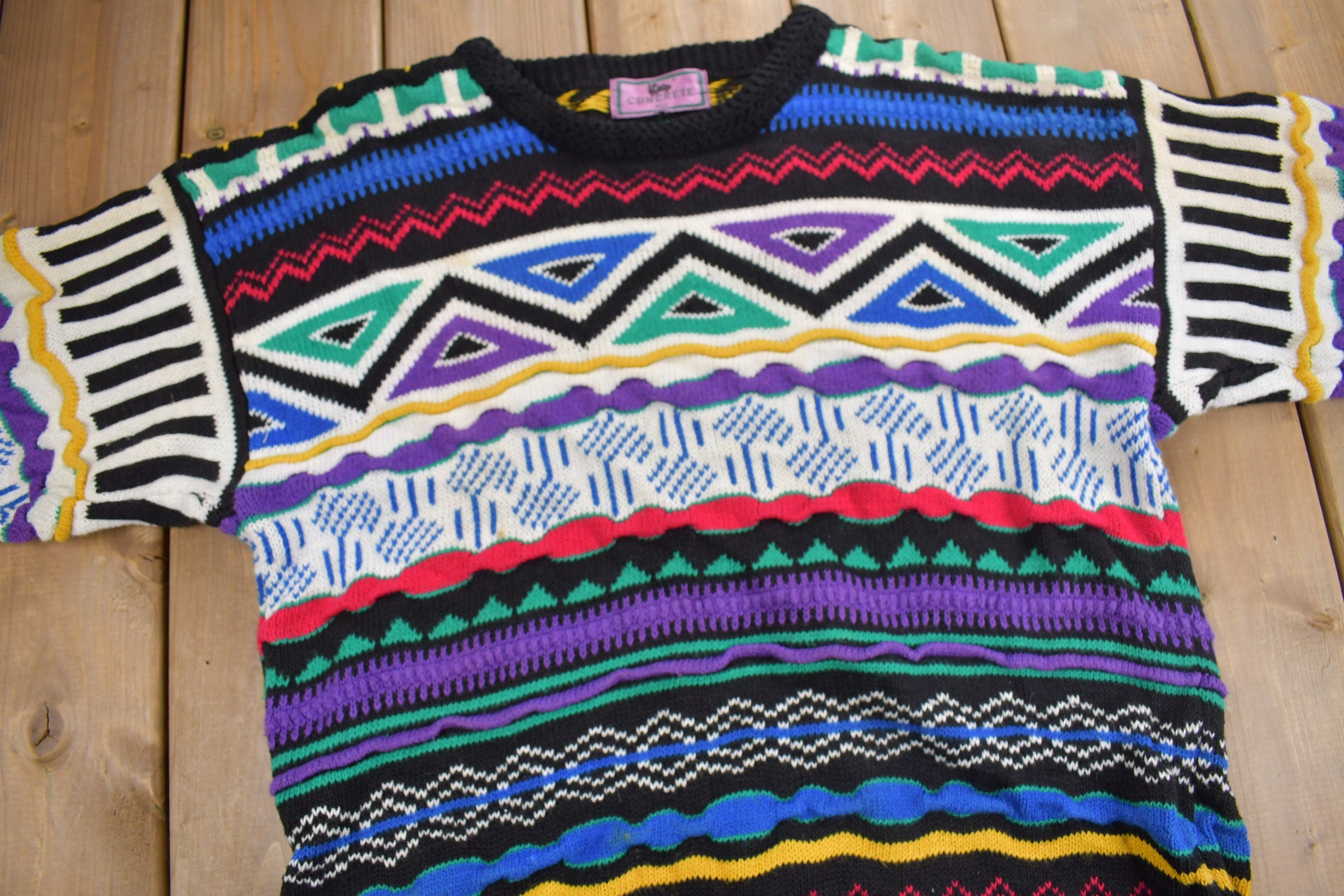 Vintage 1990s Concrete Mix 3D Colored Cable Knit Crewneck Sweater