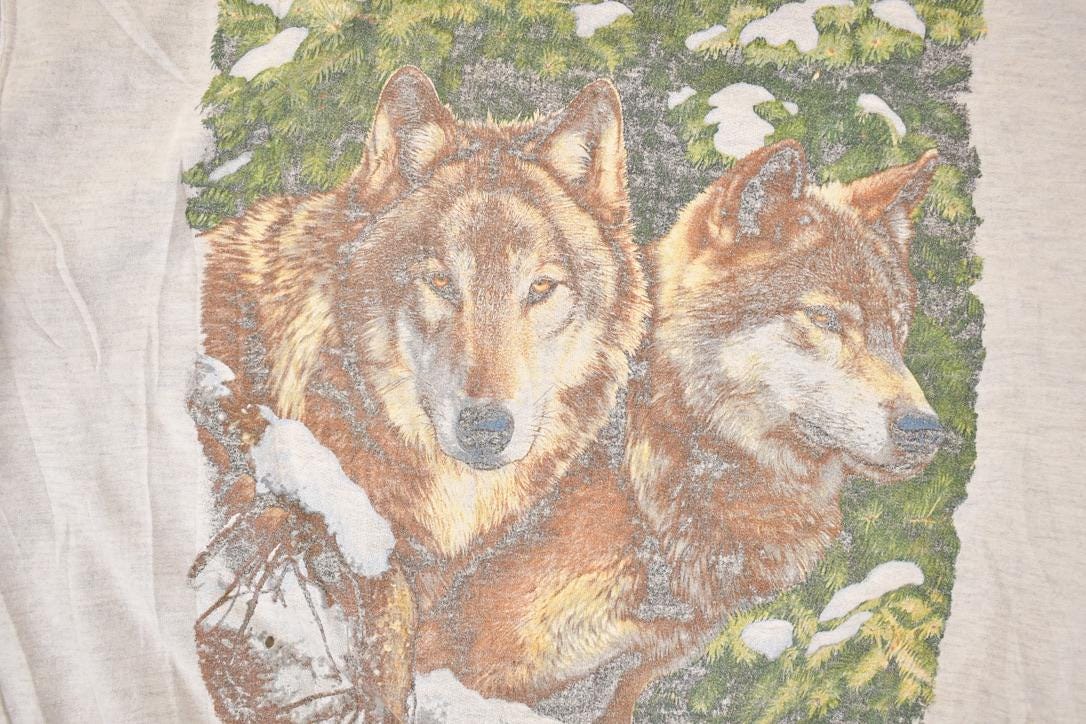 Vintage 1990s Two Wolves Cartoon Graphic Print Crewneck Sweatshirt Men's L