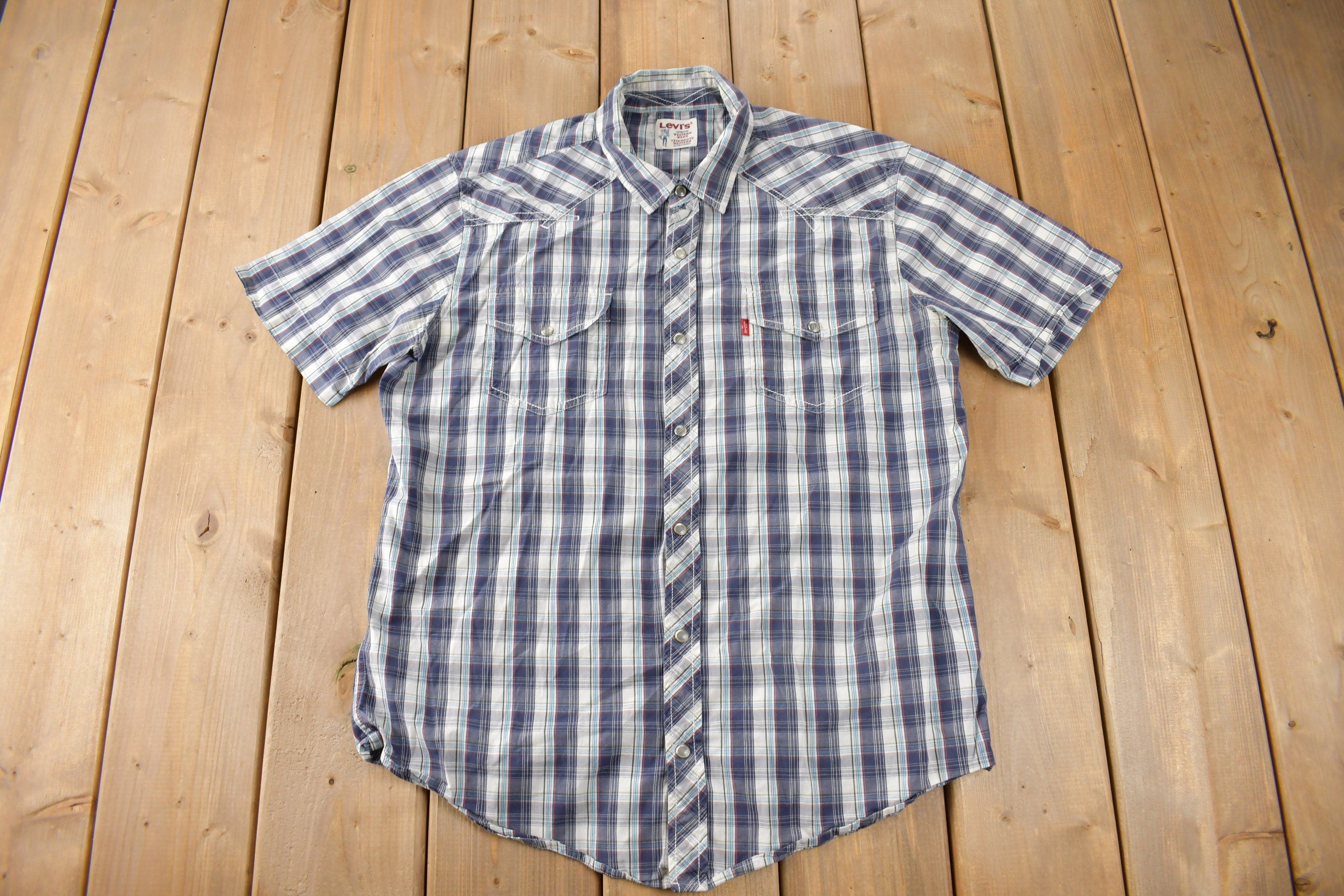 Vintage 1990s Levi's Western Wear Pearl Snap Plaid Short Sleeve Button Up Shirt Size M