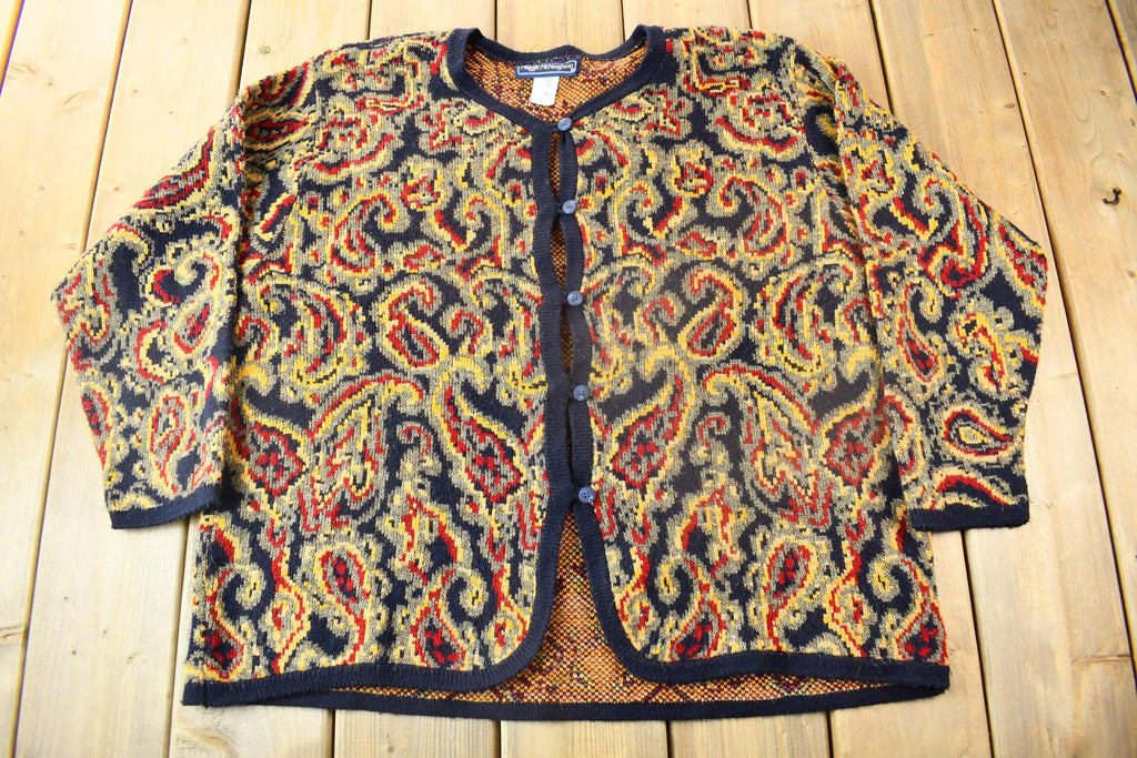 Vintage 1990s Maggie McNaughton Paisley Embroidered Knit Cardigan Sweater
